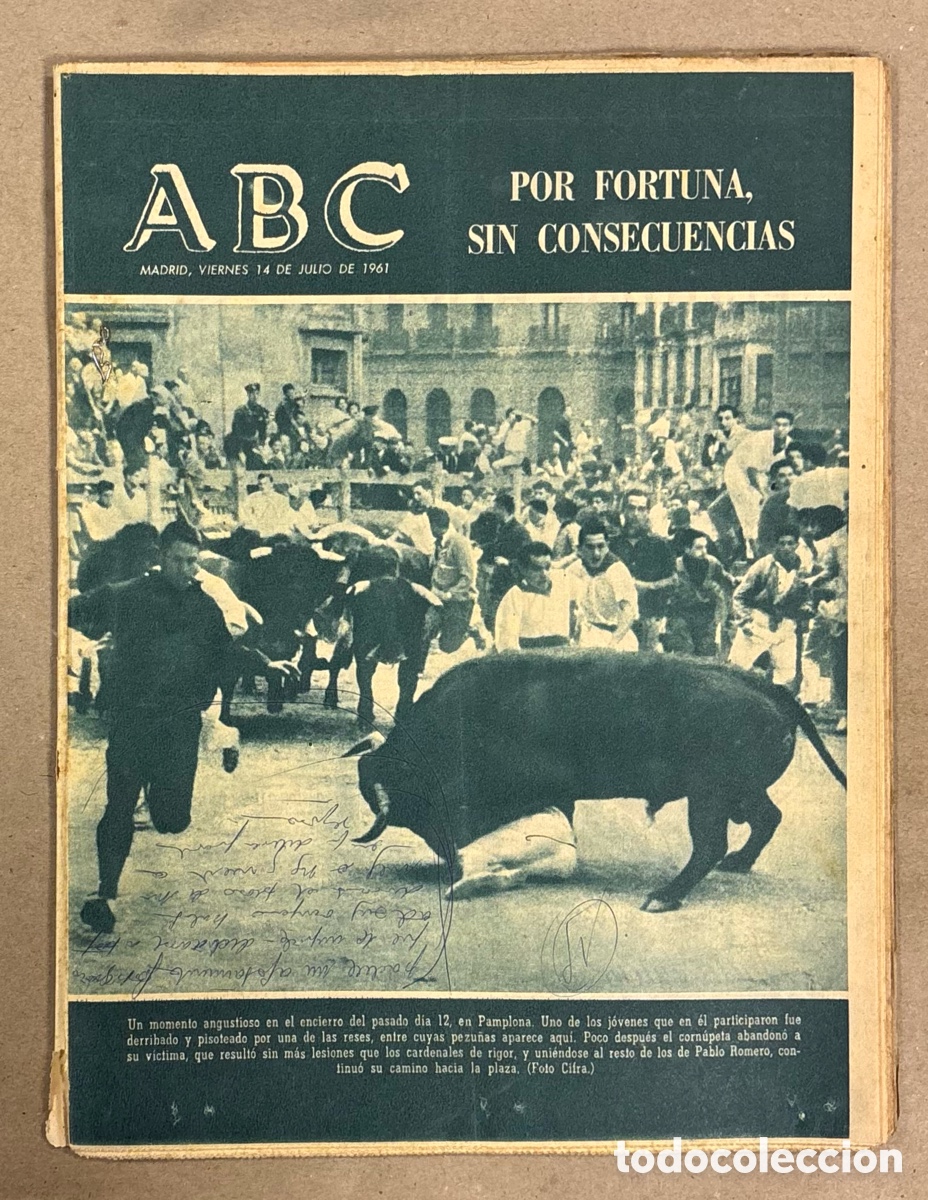 Collectionnisme de Revues et Journaux: ABC (14 JULIO 1961) INCIDENTES EN EL ENCIERRO DE SAN FERM&Iacute;N, C&Aacute;CERES, ANQUETIL VENCEDOR TOUR FRANCIA