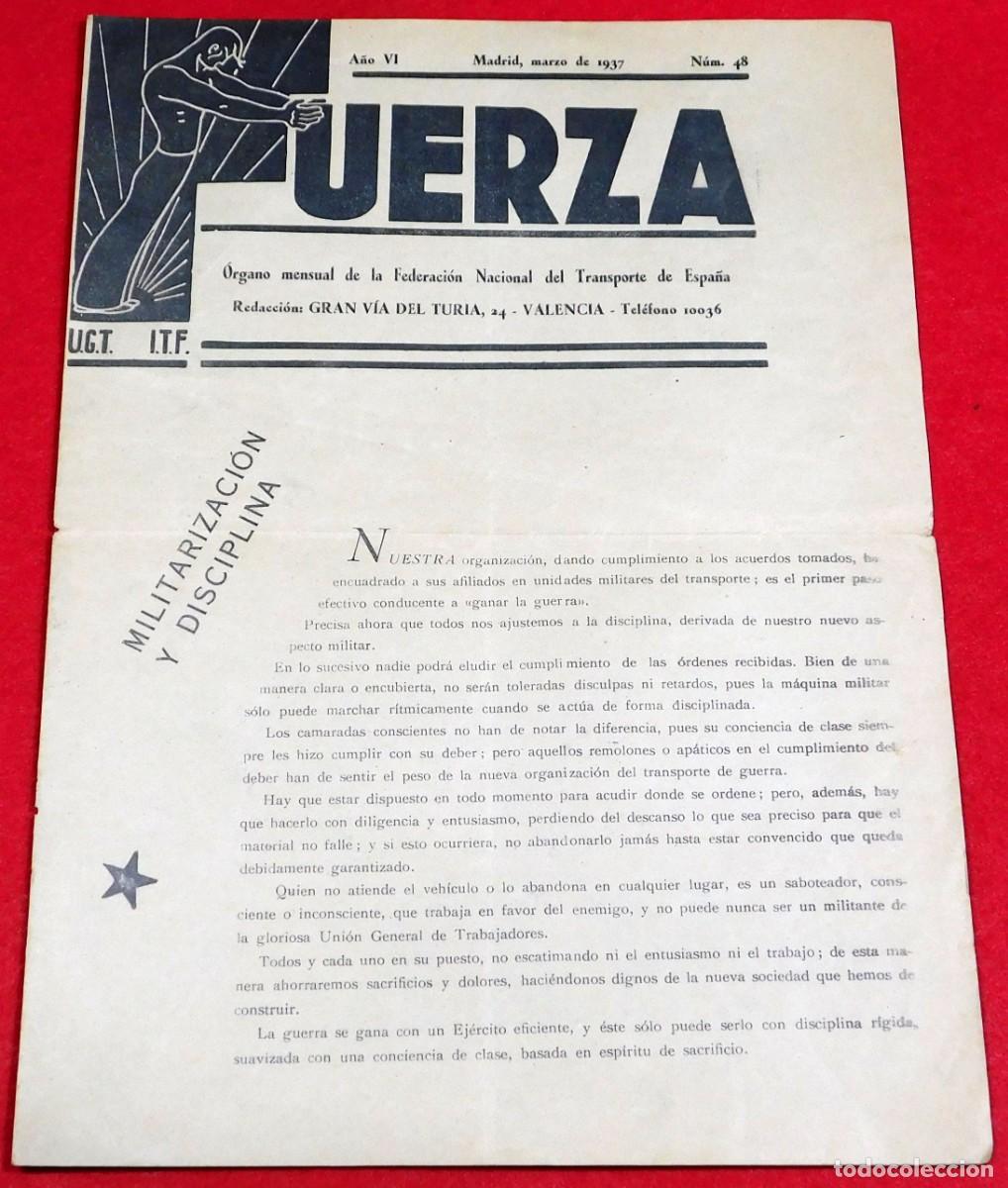 Coleccionismo de revistas y peri&oacute;dicos: Guerra Civil Espa&ntilde;ola - Fuerza - Madrid, marzo 1937 N&uacute;m. 48 - Federacion Nacional del Transporte UGT