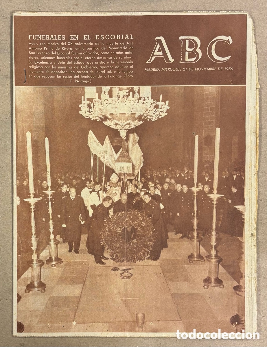 Coleccionismo de revistas y peri&oacute;dicos: ABC (21 NOVIEMBRE 1956) FUNERALES POR PRIMO DE RIVERA EN EL ESCORIAL, COPA DE EUROPA REAL MADRID