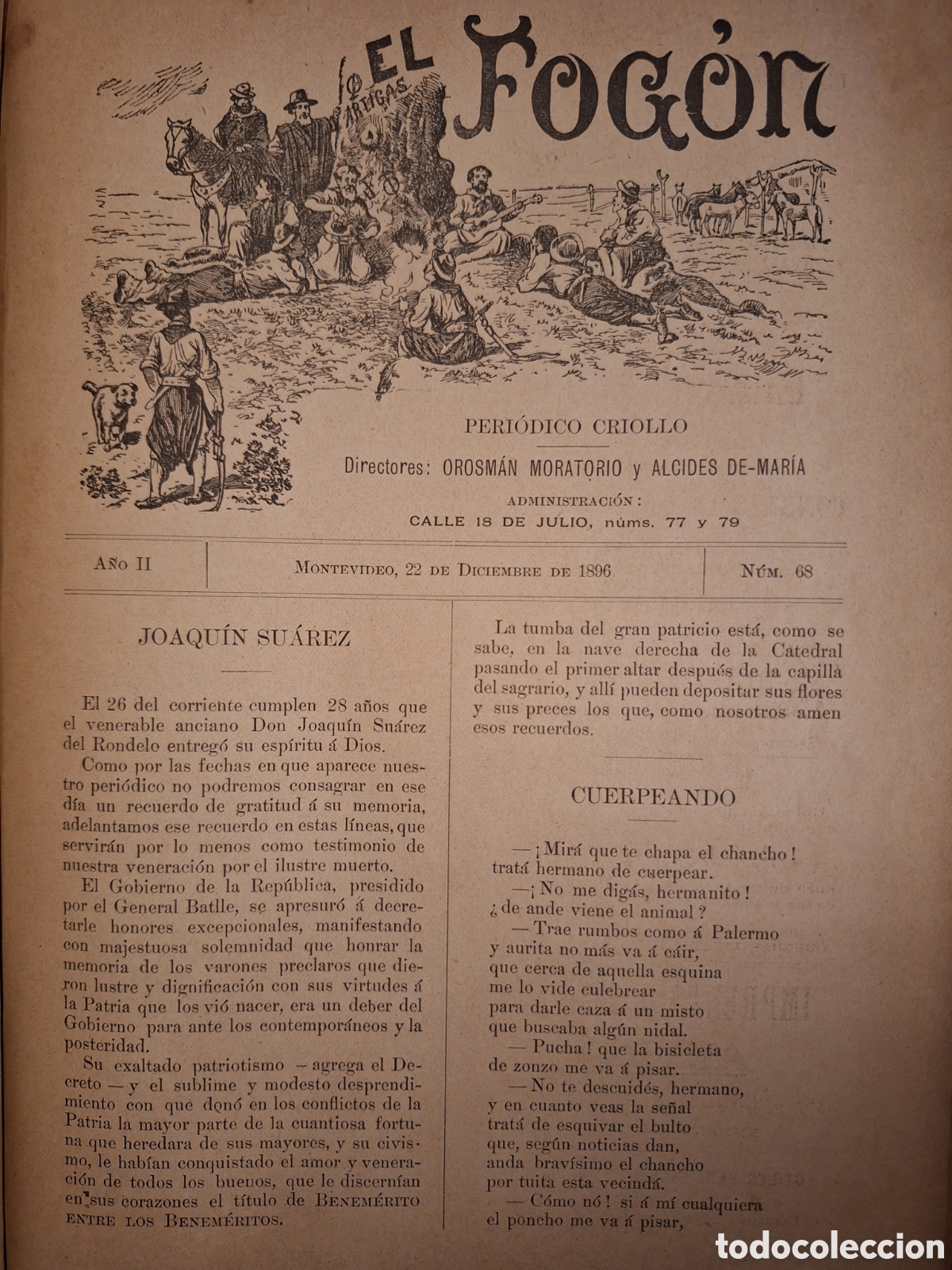 Coleccionismo de revistas y peri&oacute;dicos: SEMANARIO CRIOLLO EL FOGON POEMA LA YERRA JUAN GUALBERTO ESCAYOLA Y PEDRO OYAZBEHERE