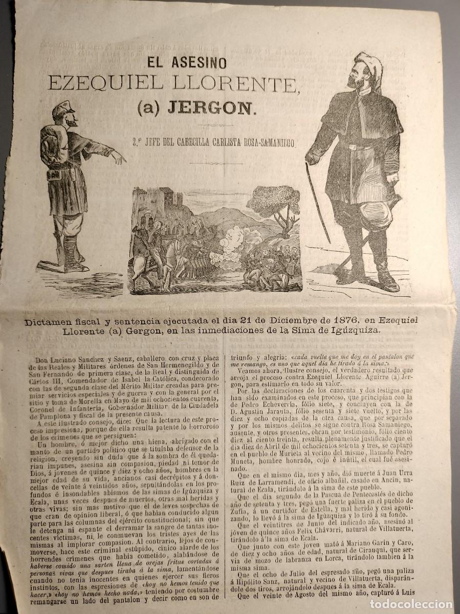 Coleccionismo de revistas y peri&oacute;dicos: CARLISMO - PLIEGO DE CORDEL - ROMAN&Ccedil;OS - EL ASESINO EZEQUIEL LLORENTE ( JERGON ) 1877