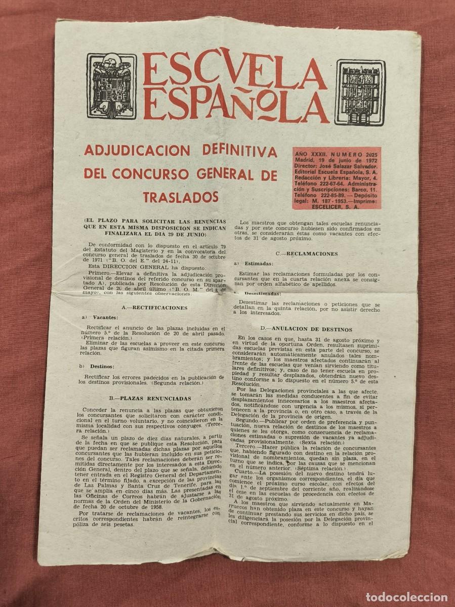 Coleccionismo de revistas y peri&oacute;dicos: Peri&oacute;dico Escuela Espa&ntilde;ola Adjudicaci&oacute;n Concurso Traslados &ndash; Magisterio Vintage