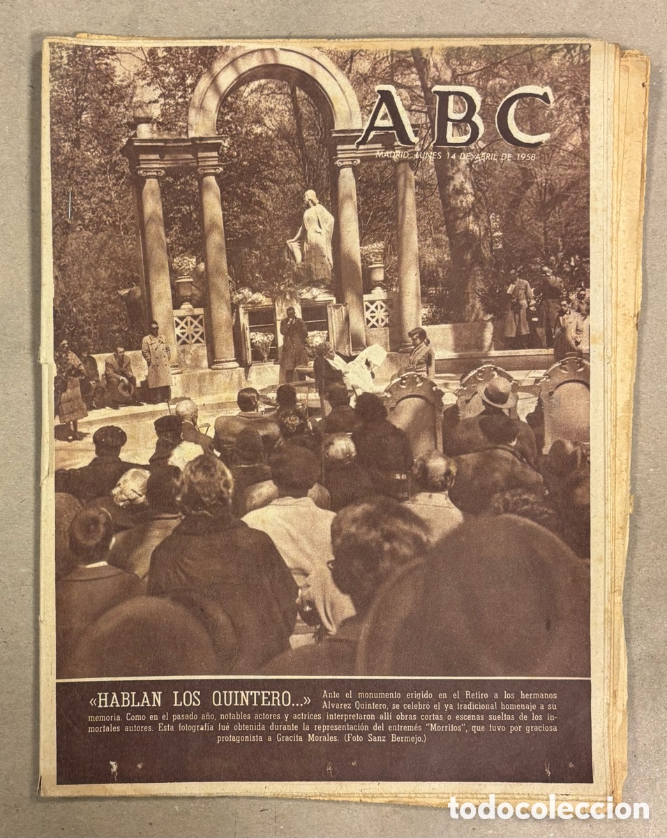 Coleccionismo de revistas y peri&oacute;dicos: ABC (14 ABRIL 1958) MONUMENTO EN EL RETIRO A LOS HERMANOS &Aacute;LVAREZ QUINTERO, EL ARTE DE ITURRINO