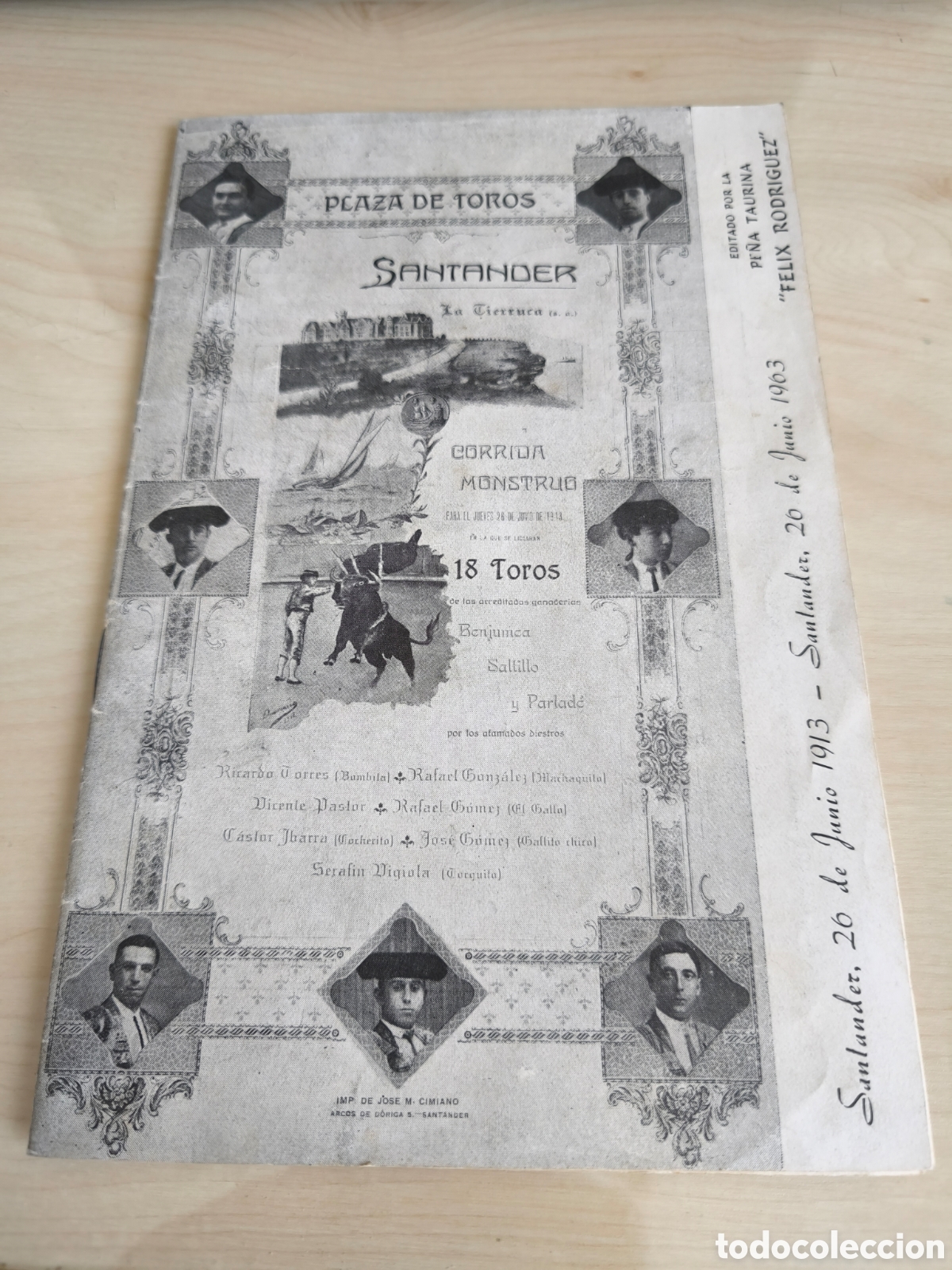Coleccionismo de revistas y peri&oacute;dicos: Folleto Pe&ntilde;a Taurina F&eacute;lix Rodriguez. 50 aniversario corrida monstruo. Santander