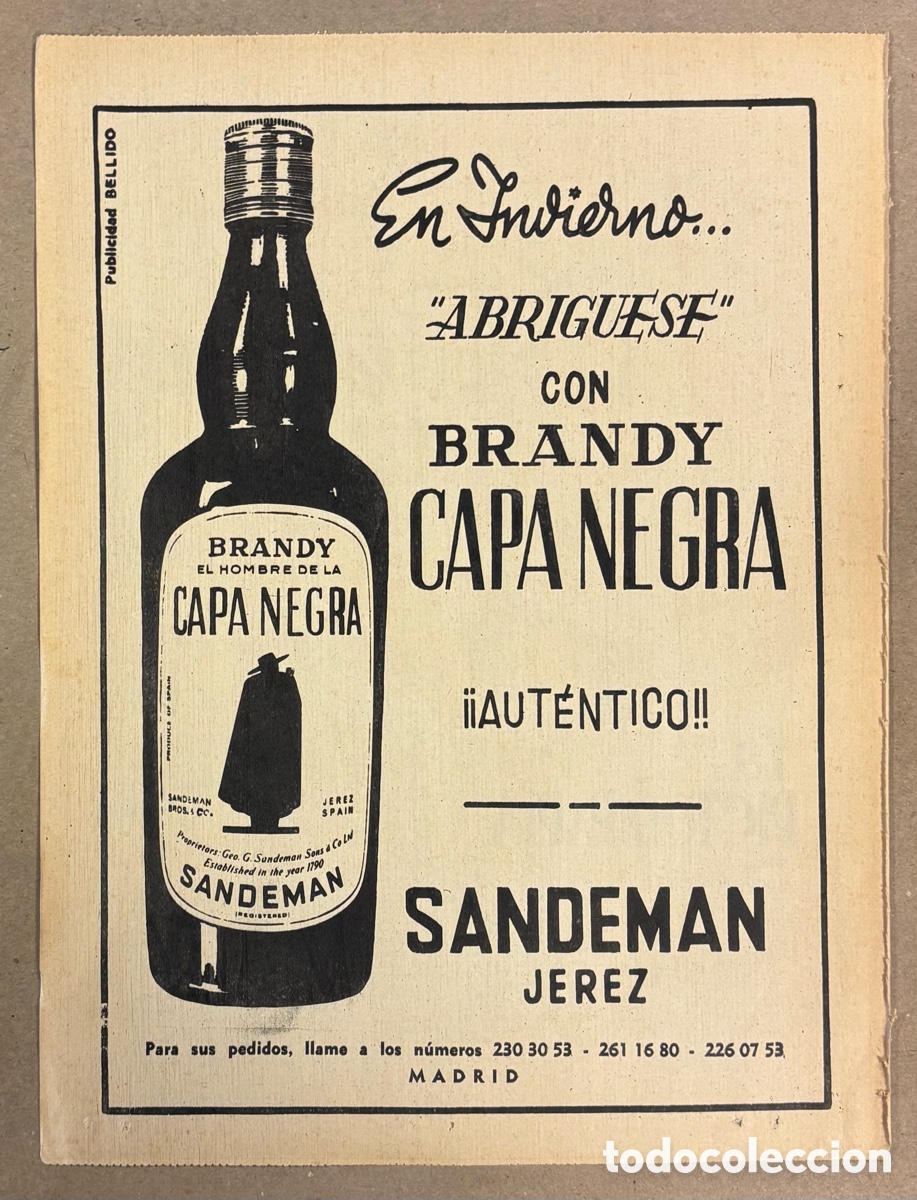 Coleccionismo de revistas y peri&oacute;dicos: BRANDY CAPA NEGRA SANDEMAN JEREZ. ANUNCIO PUBLICITARIO PERI&Oacute;DICO ABC A&Ntilde;OS 60.