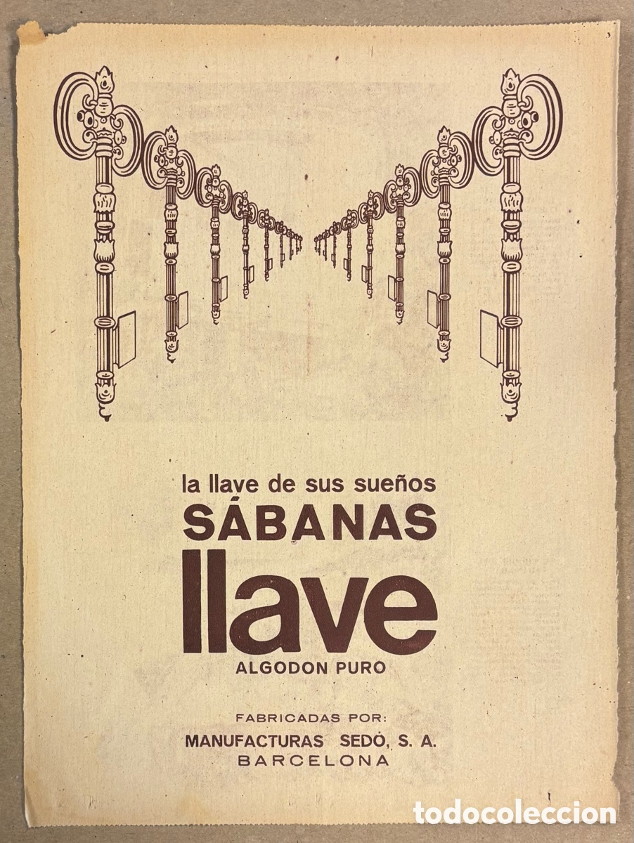Coleccionismo de revistas y peri&oacute;dicos: S&Aacute;BANAS LLAVE (BARCELONA). ANUNCIO PUBLICITARIO PERI&Oacute;DICO ABC A&Ntilde;OS 50-60.