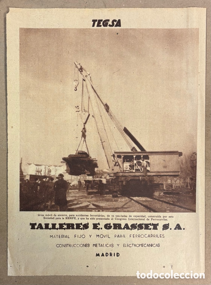 Coleccionismo de revistas y peri&oacute;dicos: TEGSA TALLERES E. GRASSET (MADRID). ANUNCIO PUBLICITARIO PERI&Oacute;DICO ABC A&Ntilde;OS 50.