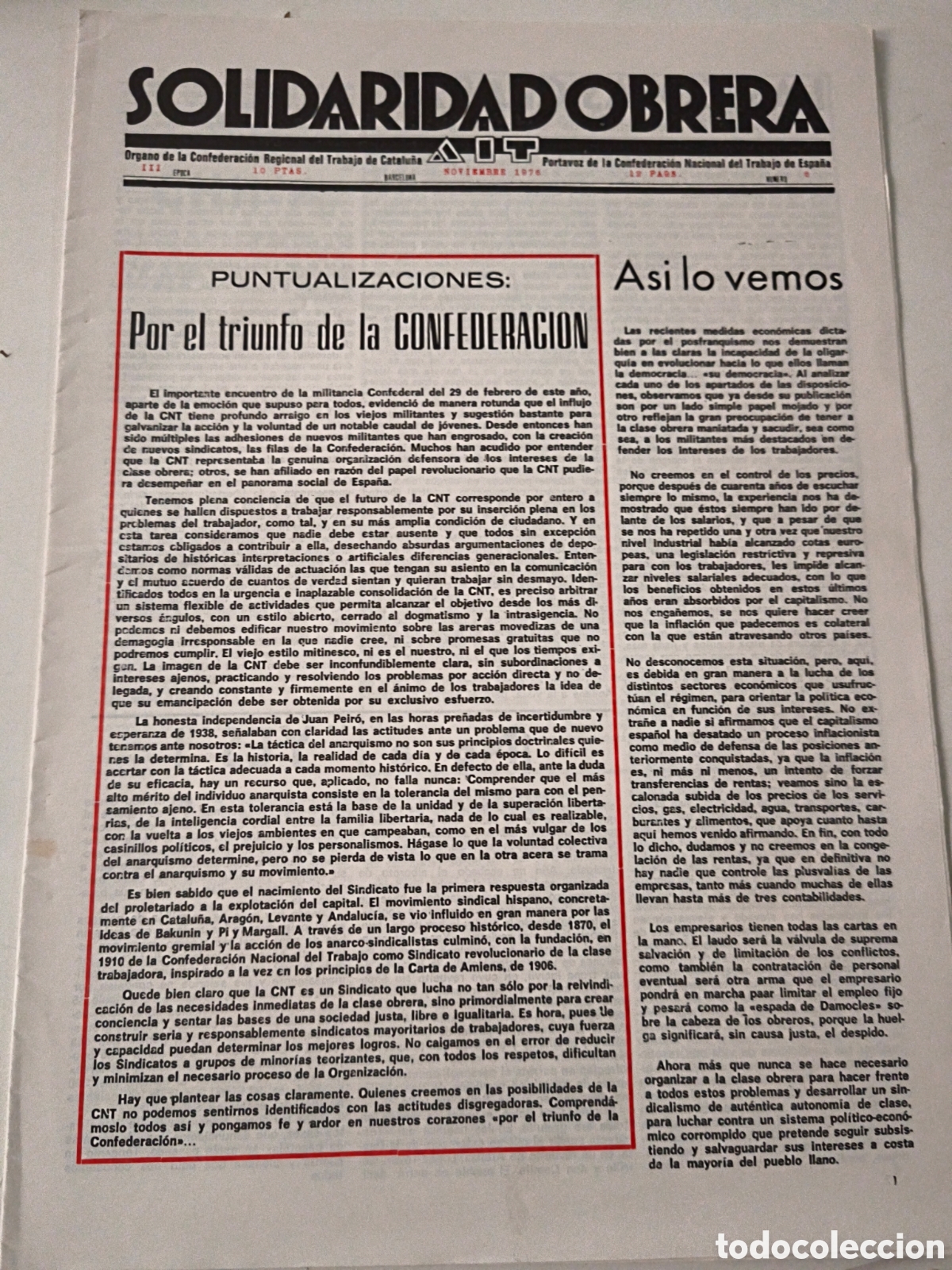 Collection Magazines and Newspapers: Solidaridad Obrera. AIT. 1976.