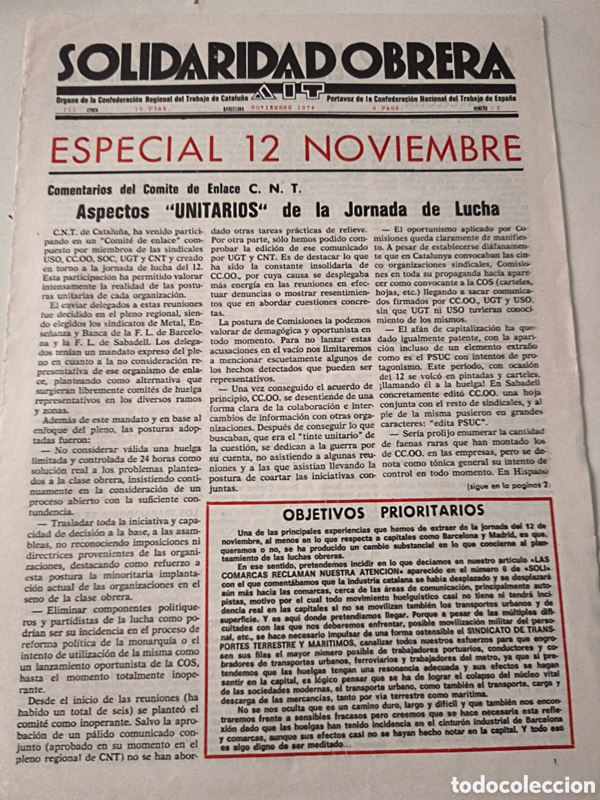 Collection Magazines and Newspapers: Solidaridad Obrera. Noviembre 1976.