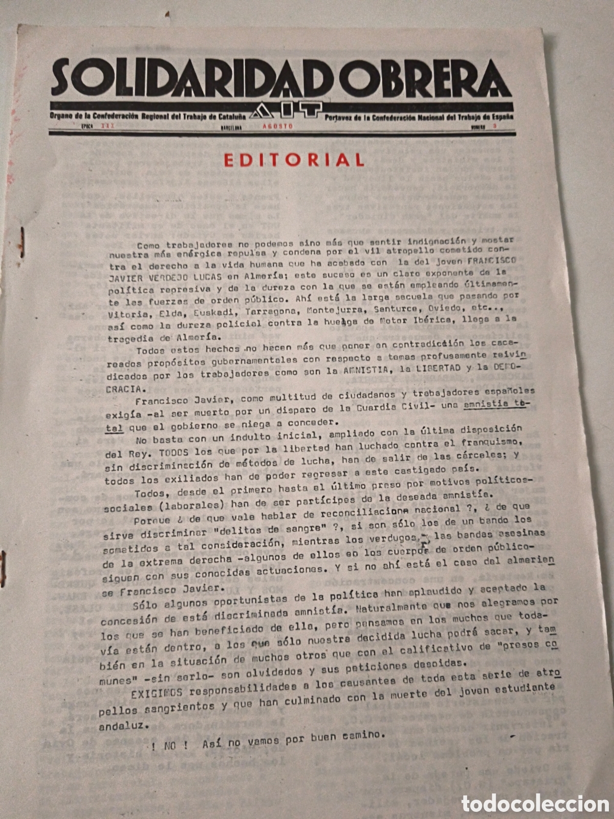 Coleccionismo de revistas y peri&oacute;dicos: Solidaridad Obrera. AIT. Agosto 1976