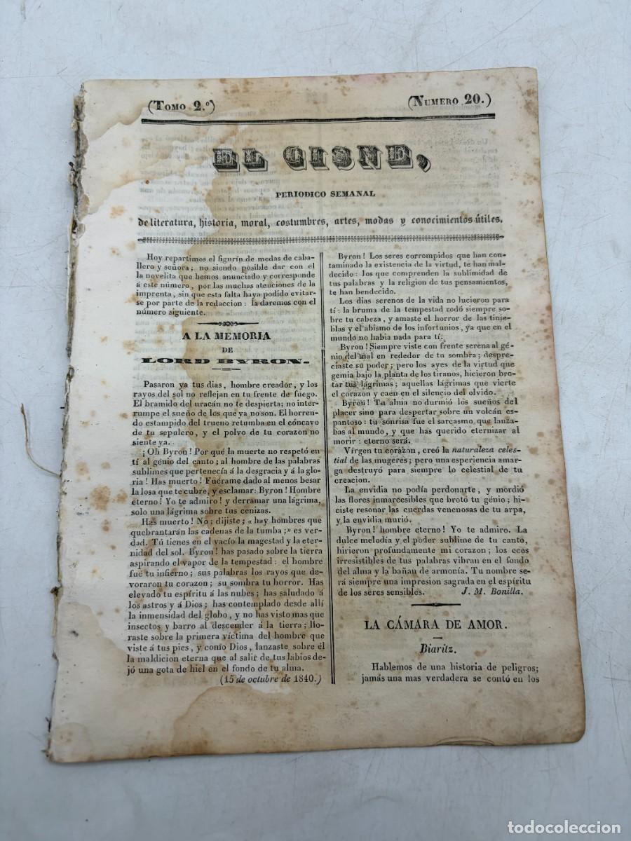 Coleccionismo de revistas y peri&oacute;dicos: EL CISNE &ndash; PERI&Oacute;DICO SEMANAL &ndash; N&ordm; 20 &ndash; TOMO II &ndash; VALENCIA 1840 &ndash; LORD BYRON Y FIGUR&Iacute;N DE MODAS