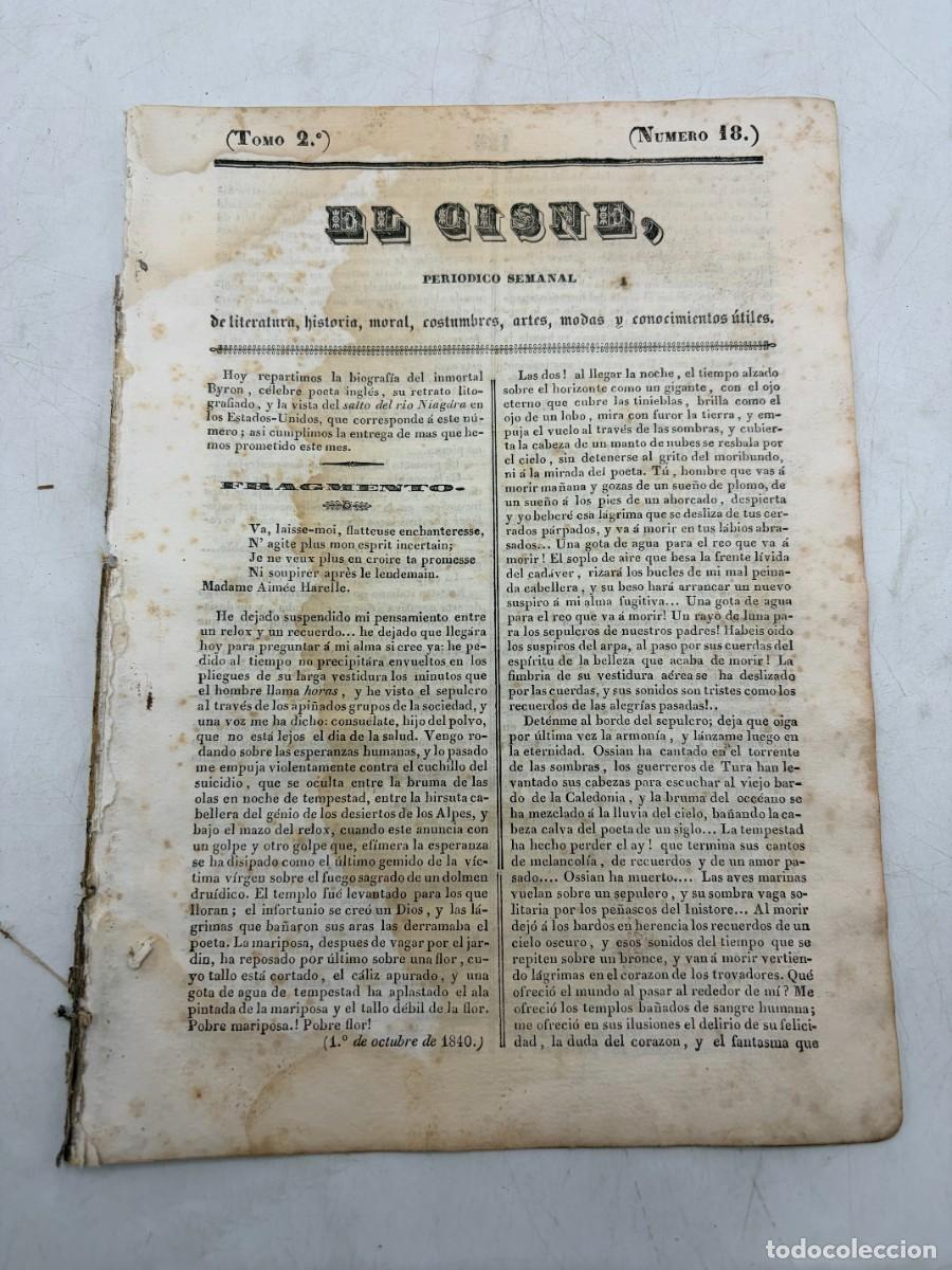 Coleccionismo de revistas y peri&oacute;dicos: EL CISNE &ndash; PERI&Oacute;DICO SEMANAL &ndash; N&ordm; 18 &ndash; TOMO II &ndash; VALENCIA 1840 &ndash; LORD BYRON Y CATARATAS DEL NI&Aacute;GARA