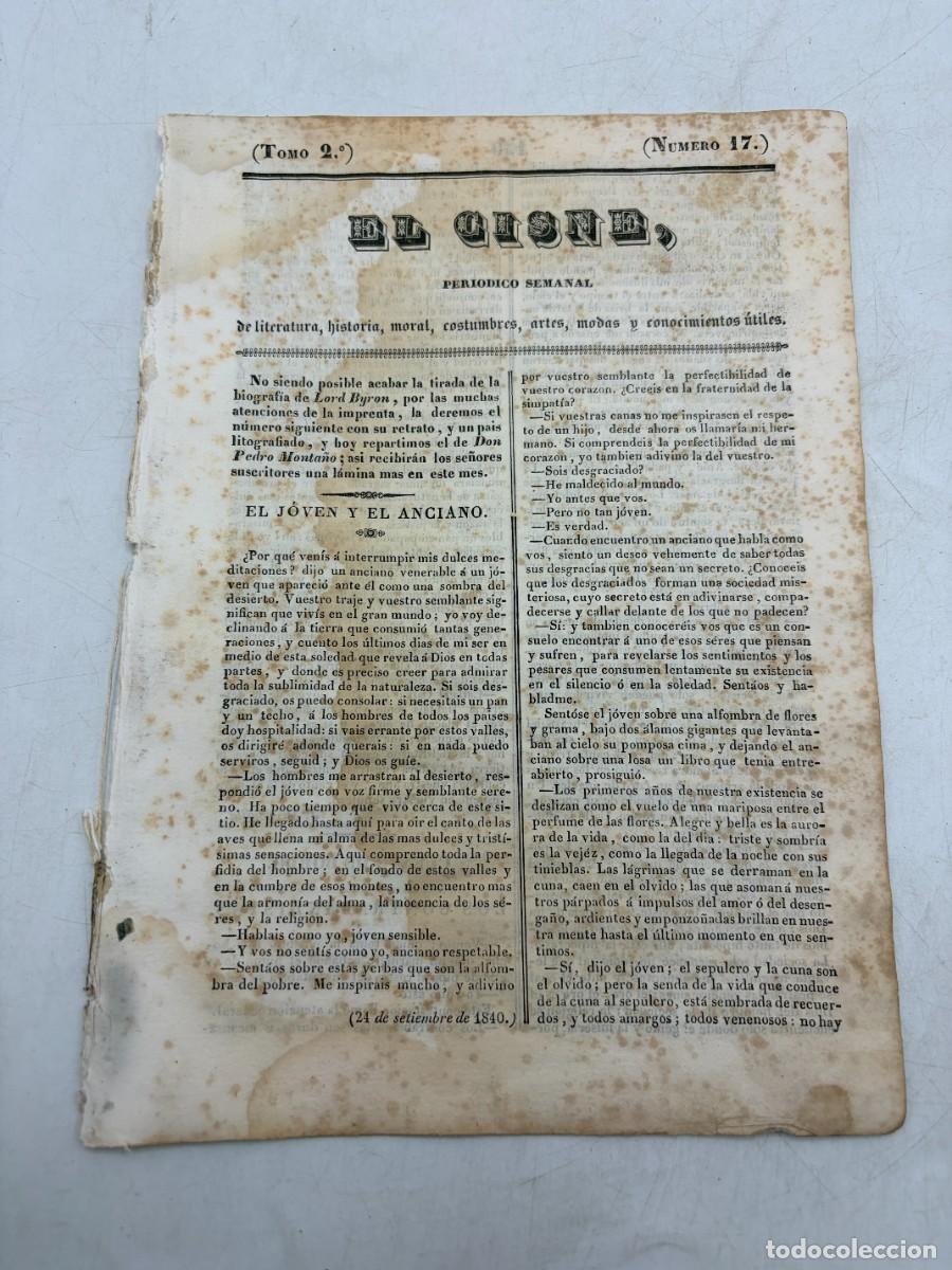 Coleccionismo de revistas y peri&oacute;dicos: EL CISNE &ndash; PERI&Oacute;DICO SEMANAL &ndash; N&ordm; 17 &ndash; TOMO II &ndash; VALENCIA 1840 &ndash; PEDRO MONTA&Ntilde;O Y LORD BYRON