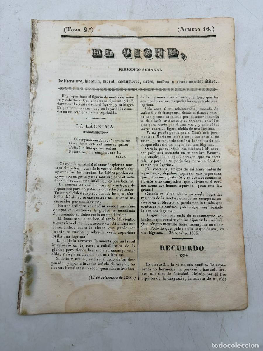 Coleccionismo de revistas y peri&oacute;dicos: EL CISNE &ndash; PERI&Oacute;DICO SEMANAL &ndash; N&ordm; 16 &ndash; TOMO II &ndash; VALENCIA 1840 &ndash; LORD BYRON Y FIGUR&Iacute;N DE MODAS