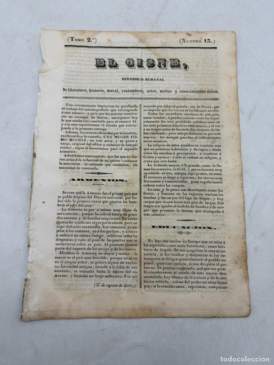 Coleccionismo de revistas y peri&oacute;dicos: EL CISNE &ndash; PERI&Oacute;DICO SEMANAL &ndash; N&ordm; 13 &ndash; TOMO II &ndash; VALENCIA 1840 &ndash; EL CID Y GRABADO DE ARMENIOS