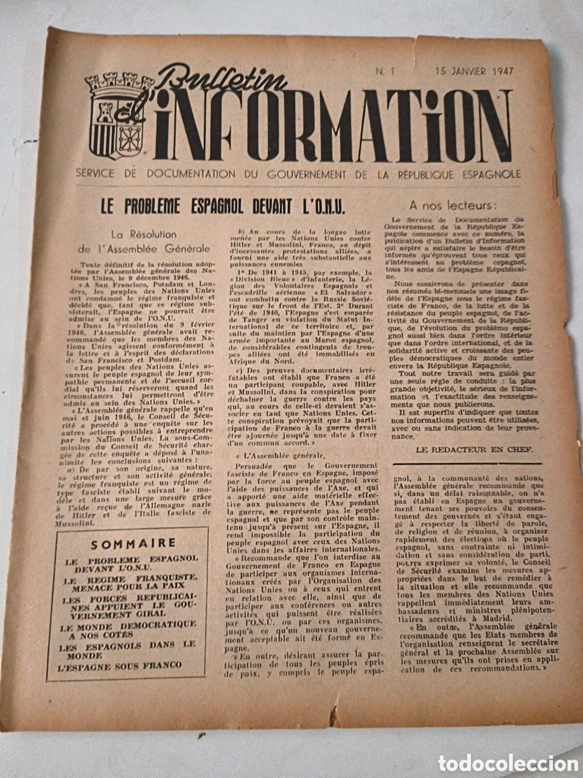 Collectionnisme de Revues et Journaux: Peri&oacute;dico Bulletin Information. N&uacute;mero 1. 1947.