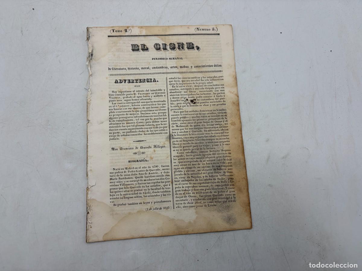 Coleccionismo de revistas y peri&oacute;dicos: EL CISNE &ndash; PERI&Oacute;DICO SEMANAL &ndash; N&ordm; 5 &ndash; TOMO II &ndash; VALENCIA 1840 &ndash; RETRATO DE QUEVEDO Y PAGANINI