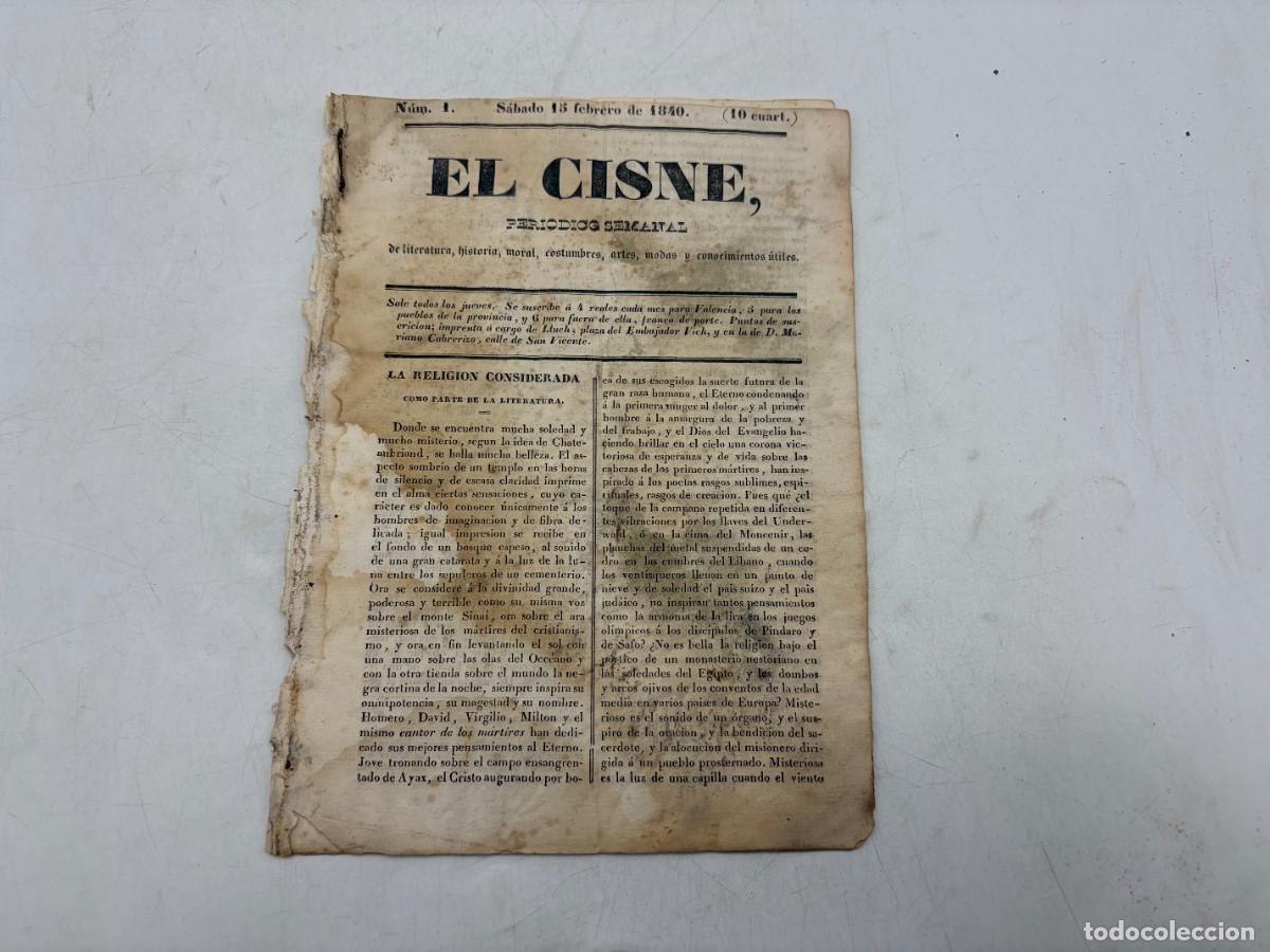 Coleccionismo de revistas y peri&oacute;dicos: EL CISNE &ndash; PERI&Oacute;DICO SEMANAL &ndash; N&ordm; 1 &ndash; TOMO I &ndash; VALENCIA 1840 &ndash; HOMERO, MILTON Y UNA MONJA