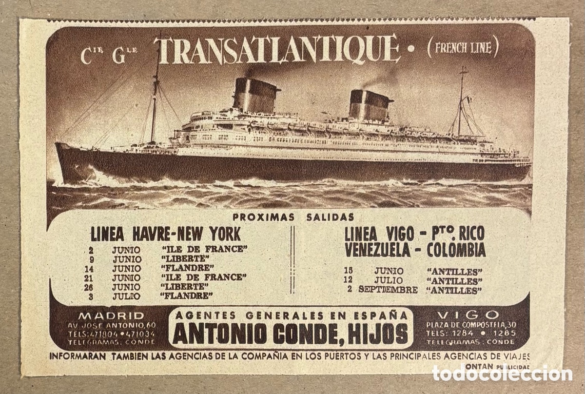 Coleccionismo de revistas y peri&oacute;dicos: TRANSATLANTIQUE L&Iacute;NEA HABRE-NEWYORK Y VIGO-PUERTO RICO. ANUNCIO PUBLICITARIO PERI&Oacute;DICO ABC A&Ntilde;OS 5