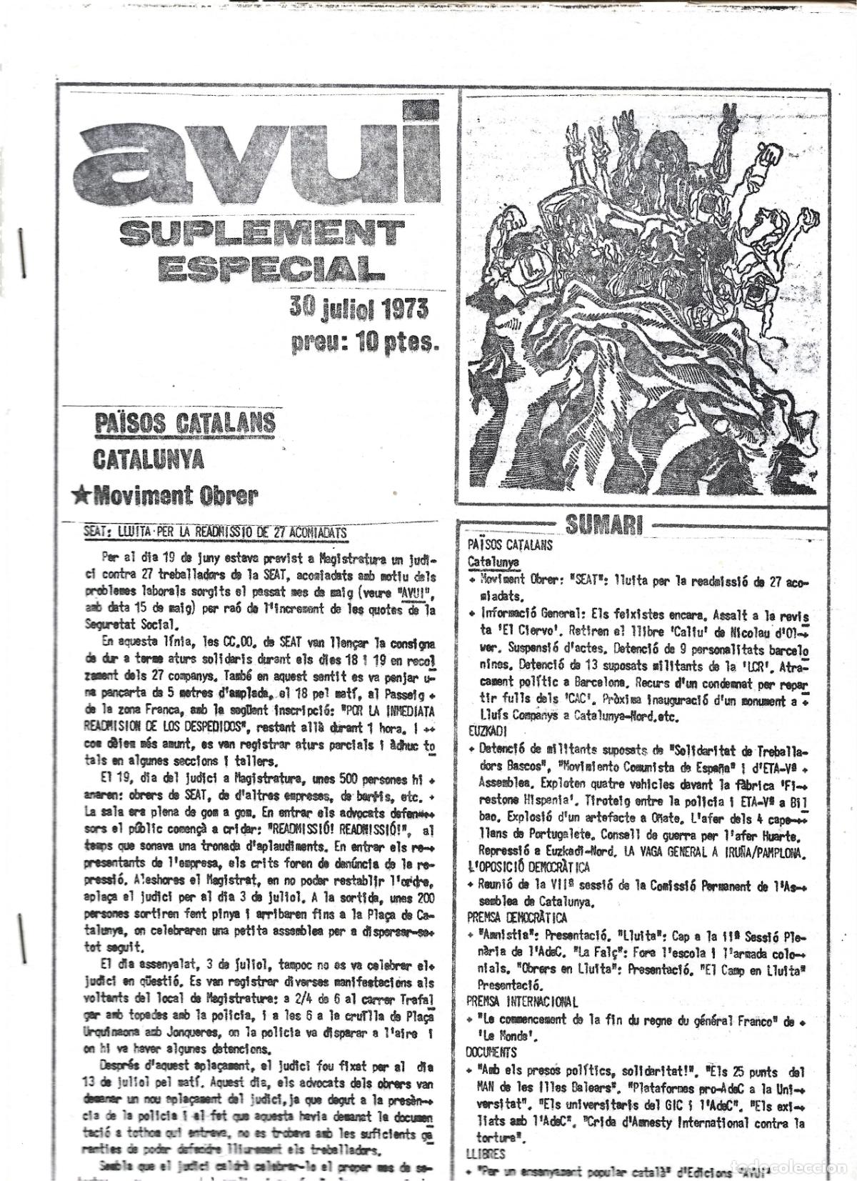 Coleccionismo de revistas y peri&oacute;dicos: TRANSICION- AVUI SERVEI D`INFORMACI&Oacute; CATALANA-BUTLLETI CLANDEST&Iacute;-SUPLE,MENT ESPECIAL JULIOL 1973