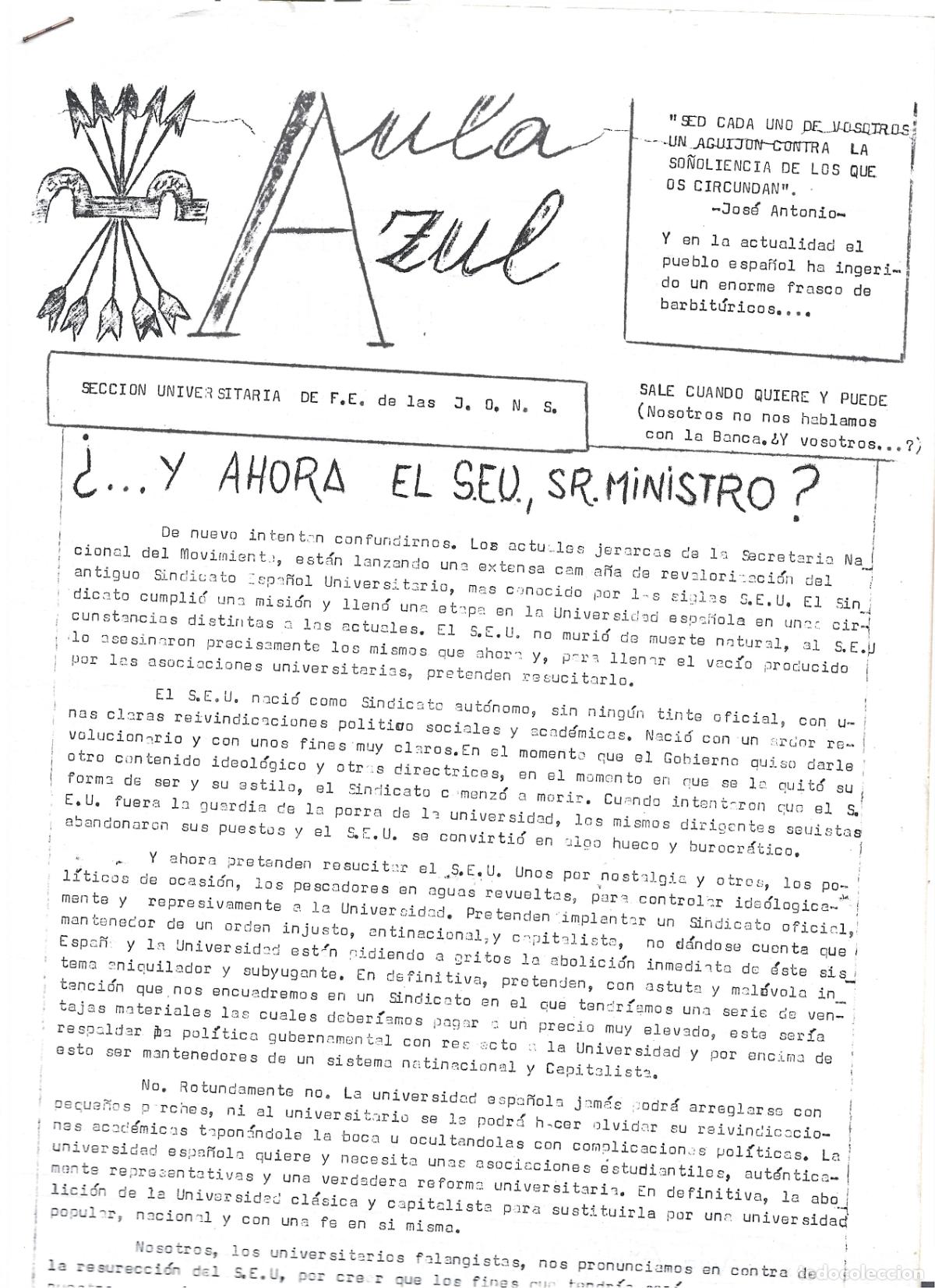 Coleccionismo de revistas y peri&oacute;dicos: TRANSICION-AULA AZUL-ORGANO DE LA SECCION UNIVERSITARIA DE FALANGE ESPA&Ntilde;OLA DE LAS J.O.N.S.