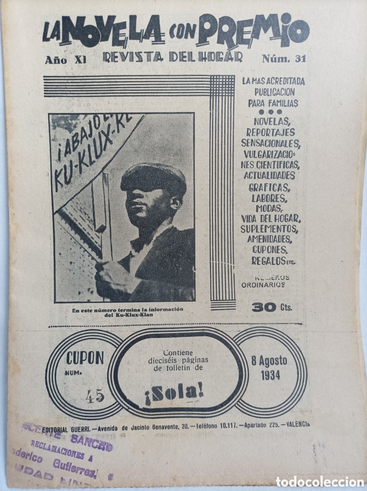 Coleccionismo de revistas y peri&oacute;dicos: Ku-klus-klan. Rasputin. Victoria Iniesta pianista. Hogar. 1934
