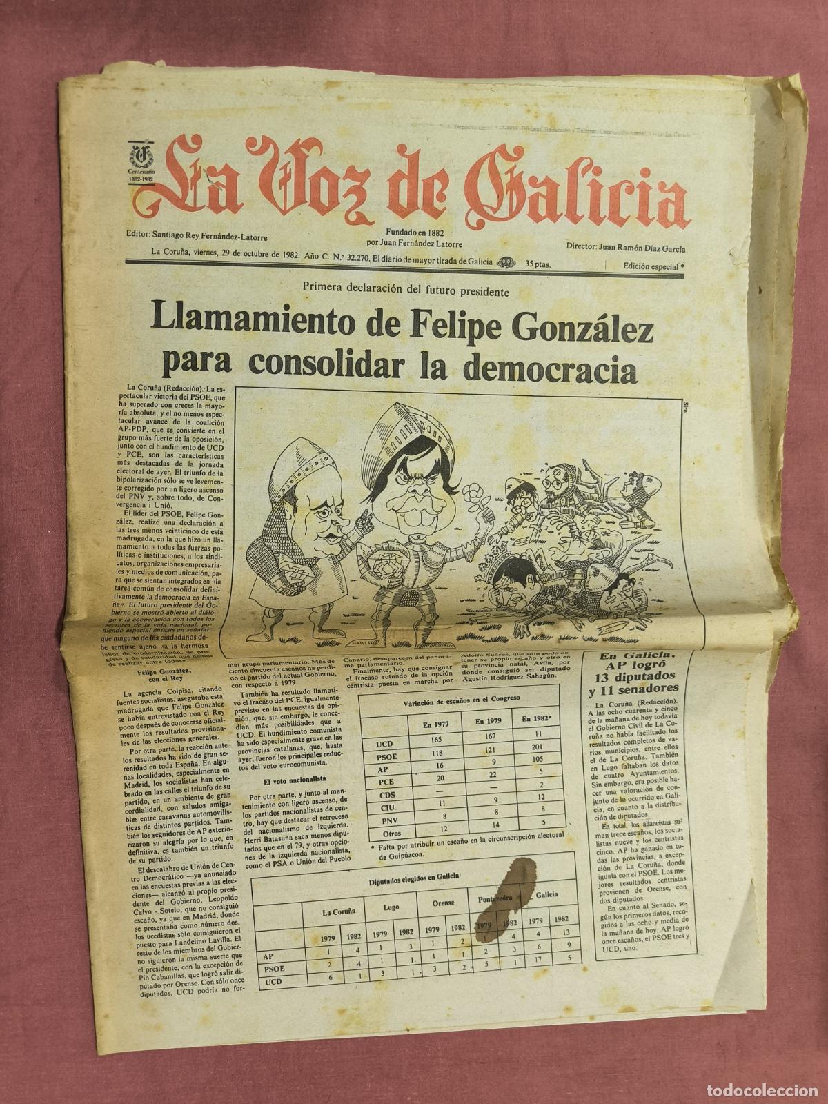 Colecionismo de Revistas e Jornais: Peri&oacute;dico La Voz de Galicia 1982 &ndash; Victoria de Felipe Gonz&aacute;lez Prensa Hist&oacute;rica