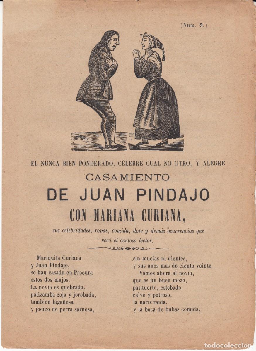 Coleccionismo de revistas y peri&oacute;dicos: PLIEGO DE CORDEL - ROMAN&Ccedil;OS - CASAMOIENTO DE JUAN PINDAJO NUM. 3 - SIGLO XIX