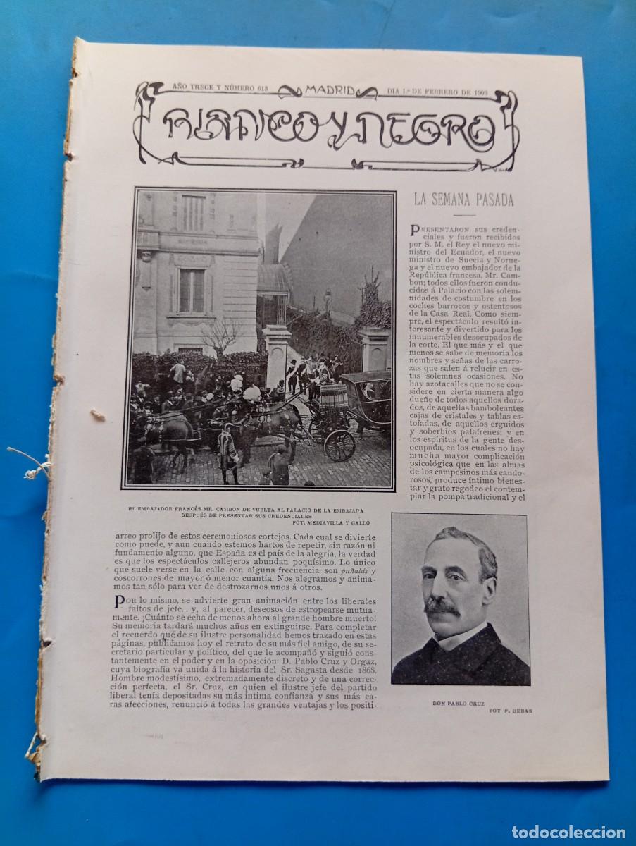 Collezionismo di Riviste e Giornali: BLANCO Y NEGRO. N&ordm; 613. A&Ntilde;O 1903. DON PABLO CRUZ. EL AMOR EN LA NOVELA. LA PERLA DE TOLEDO..... LEER