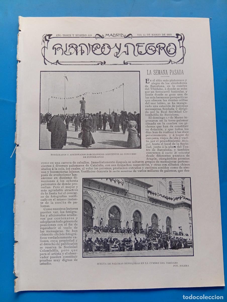 Colecionismo de Revistas e Jornais: BLANCO Y NEGRO. N&ordm; 619. A&Ntilde;O 1903. SUELTA DE PALOMAS MENSAJERAS EN LA CUMBRE DEL TIBIDABO. EL .. LEER