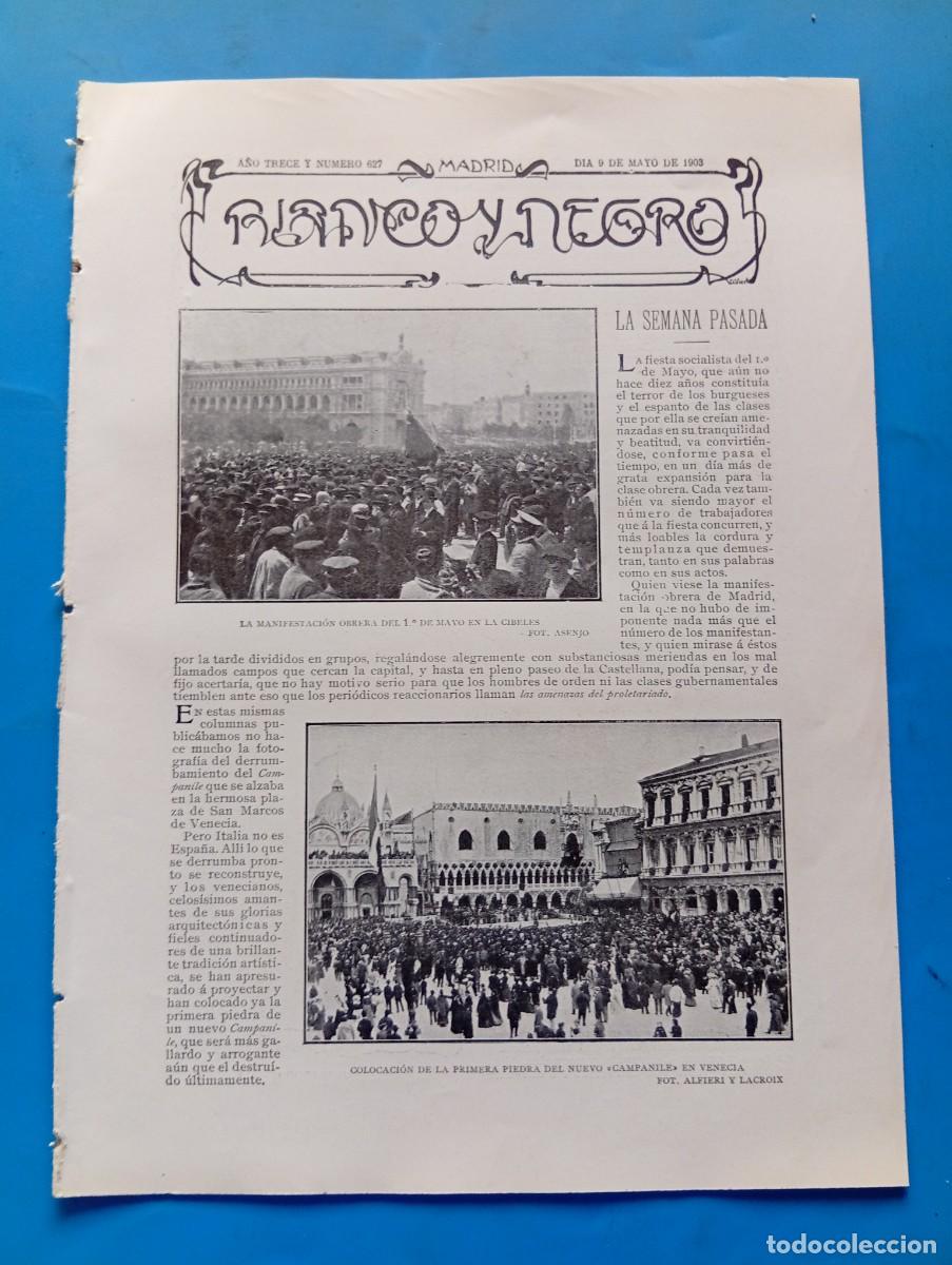 Coleccionismo de revistas y peri&oacute;dicos: BLANCO Y NEGRO. N&ordm; 627. A&Ntilde;O 1903. LA MANIFESTACI&Oacute;N OBRERA DEL 1 DE MAYO EN LA CIBELES. EL BAR.. LEER