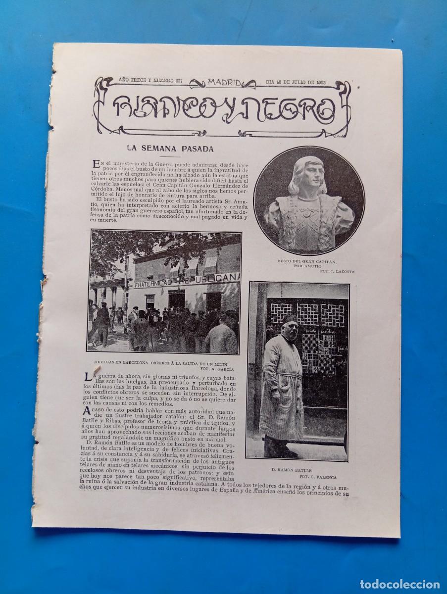 Coleccionismo de revistas y peri&oacute;dicos: BLANCO Y NEGRO. N&ordm; 637. A&Ntilde;O 1903. HUELGAS EN BARCELONA. LAS MUJERES FELIBRES. TRIANA DEL GUAD.. LEER