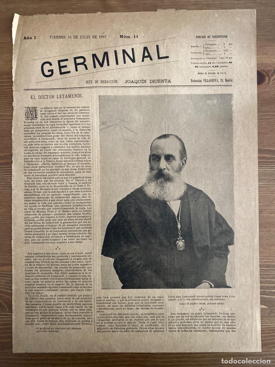 Coleccionismo de revistas y peri&oacute;dicos: GERMINAL-Madrid 16 JULIO 1897,A&ntilde;o I, n&ordm; 11,Semanario Republicano JOAQUIN DICENTA, LETAMENDI