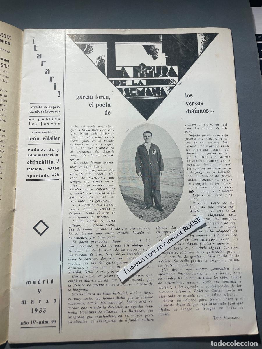 Coleccionismo de revistas y peri&oacute;dicos: ANTIGUA PUBLICACI&Oacute;N - &iexcl; TARARI ! - REVISTA DE ESPECTACULOS Y DEPORTES - ARTICULO SOBRE GARCIA LORCA