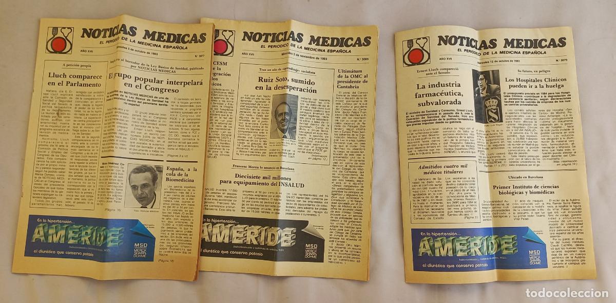 Coleccionismo de revistas y peri&oacute;dicos: lote de 3 Noticias Medicas, el periodico de la medicina espa&ntilde;ola, n&ordm; 3085, 3079 y 3077. A&ntilde;o 1983