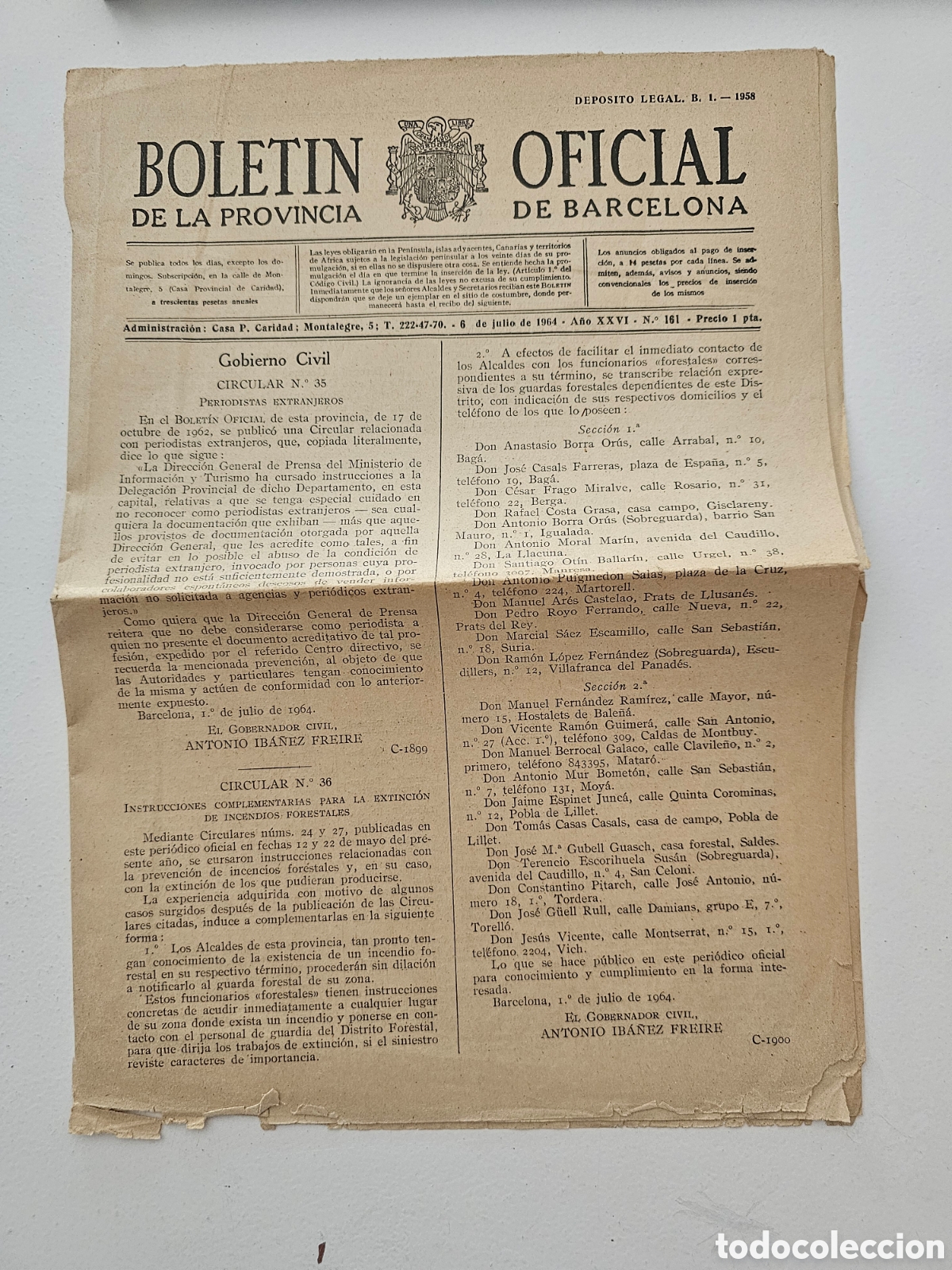 Coleccionismo de revistas y peri&oacute;dicos: Bolet&iacute;n Oficial de la Provincia de Barcelona (6 Julio 1964) &ndash; Peri&oacute;dico / Documento Hist&oacute;rico Vintag
