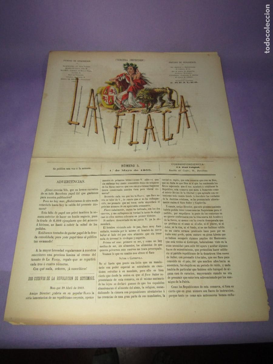Coleccionismo de revistas y peri&oacute;dicos: Revista Sat&iacute;rica Liberal y AntiCarlista A&ntilde;o 1 - N&ordm; 5 del A&ntilde;o 1869 *LA FLACA* Constituci&oacute;n Espa&ntilde;ola