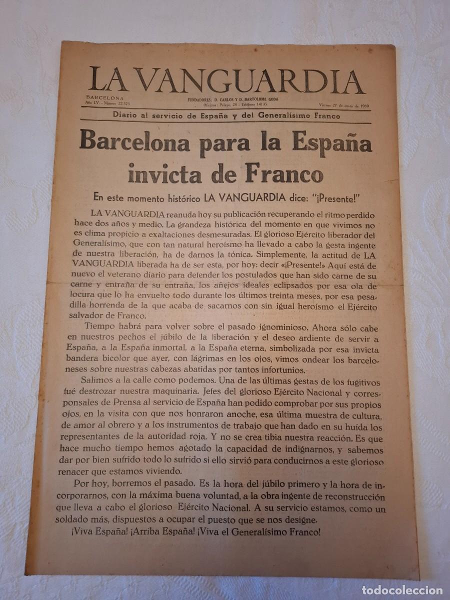 Coleccionismo de revistas y peri&oacute;dicos: LA VANGUARDIA. Entrada tropas Franco Barcelona. Primer n&uacute;mero despu&eacute;s Guerra Civil. 22 Enero 1936