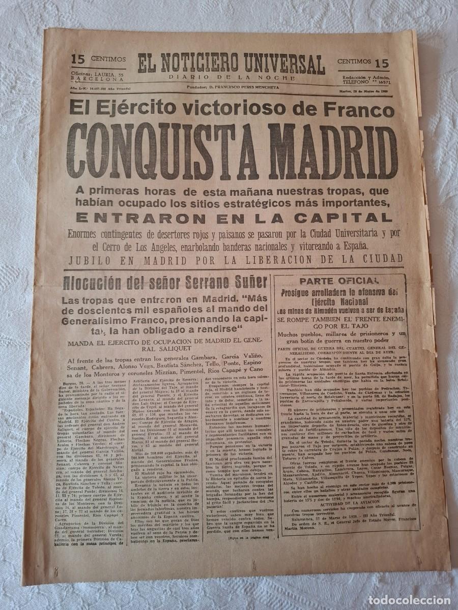 Coleccionismo de revistas y peri&oacute;dicos: Ejemplar de El Noticiero Universal. Guerra Civil. Entrada tropas Franco en Madrid. 28 Marzo 1939