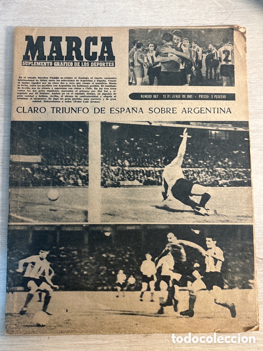 Coleccionismo de revistas y peri&oacute;dicos: 1961 MARCA- Claro triunfo de Espa&ntilde;a contra Argentina