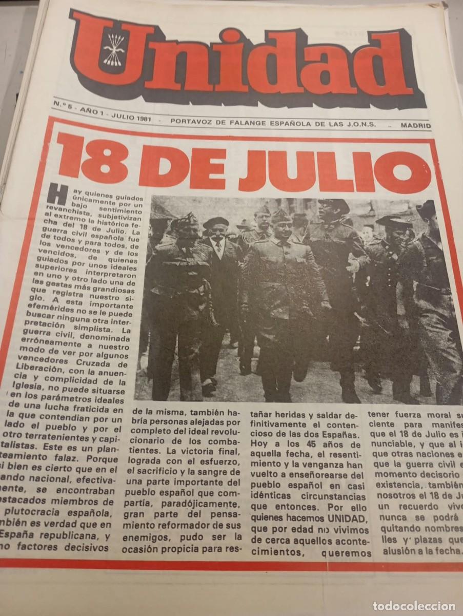 Coleccionismo de revistas y peri&oacute;dicos: REVISTA UNIDAD FALANGE ESPA&Ntilde;OLA DE LAS JONS N&ordm; 5, A&Ntilde;O I JULIO DE 1981 REF. UR EST