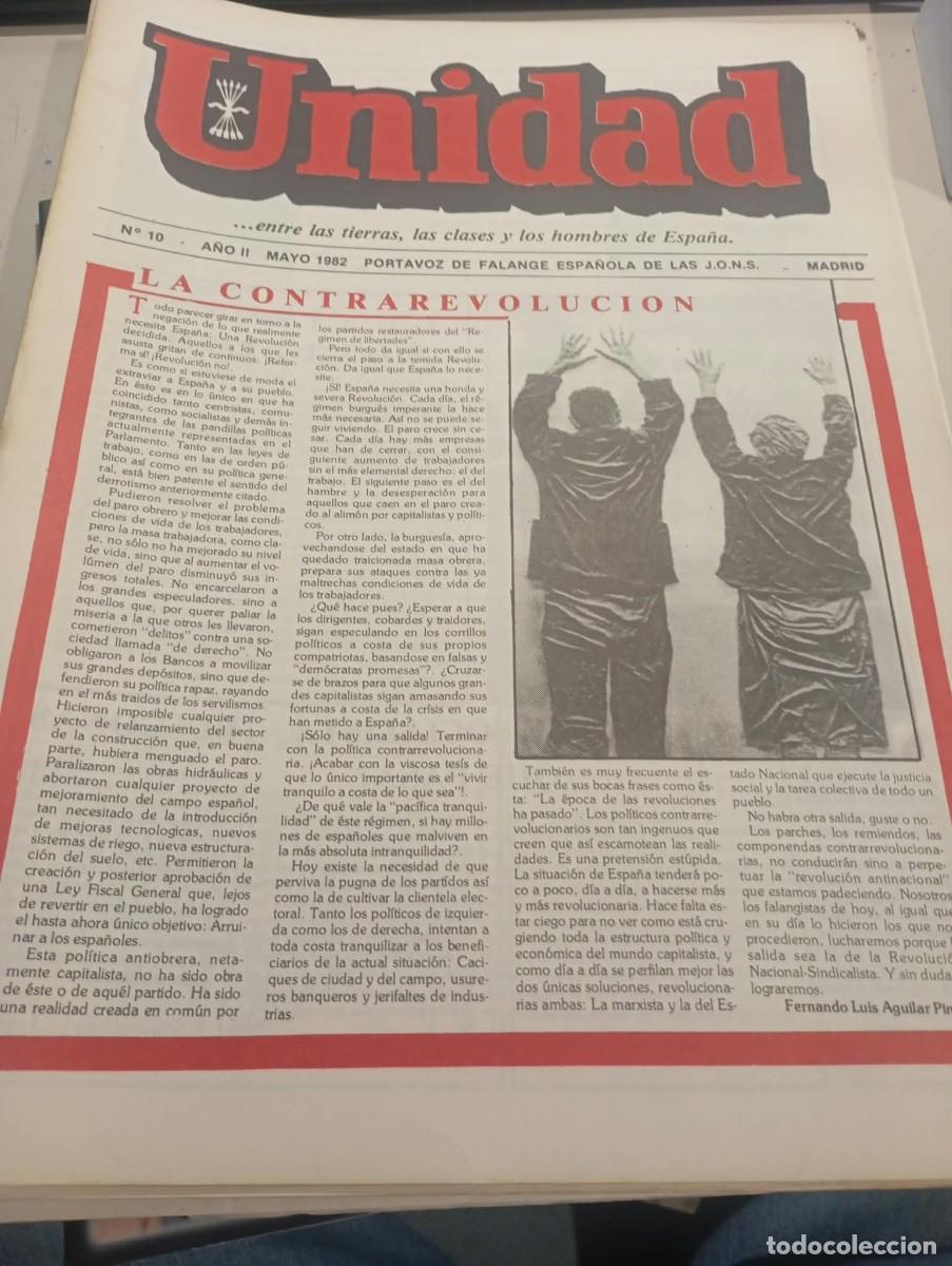 Coleccionismo de revistas y peri&oacute;dicos: REVISTA UNIDAD FALANGE ESPA&Ntilde;OLA DE LAS JONS N&ordm; 10, A&Ntilde;O II MAYO DE 1982 REF. UR EST