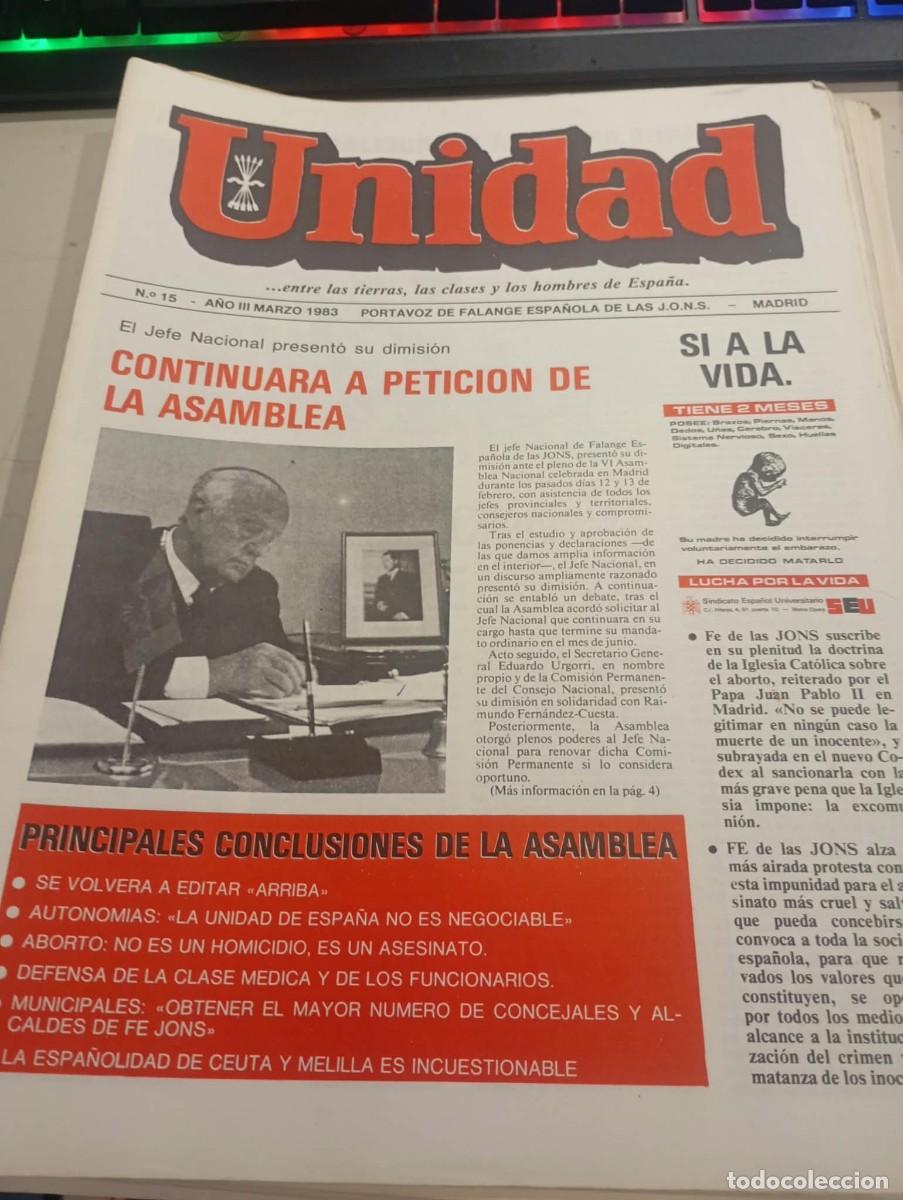 Coleccionismo de revistas y peri&oacute;dicos: REVISTA UNIDAD FALANGE ESPA&Ntilde;OLA DE LAS JONS N&ordm; 15, A&Ntilde;O III MARZO DE 1983 REF. UR EST
