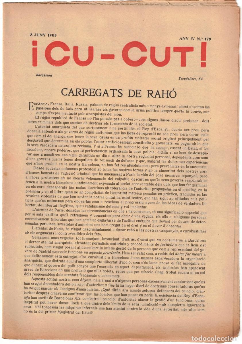 Coleccionismo de revistas y peri&oacute;dicos: &iexcl; CU-CUT ! - Setmanari sat&iacute;ric - n&ordm; 180 - 8 Juny 1905 en Catalan - Opisso, Cornet con vi&ntilde;eta
