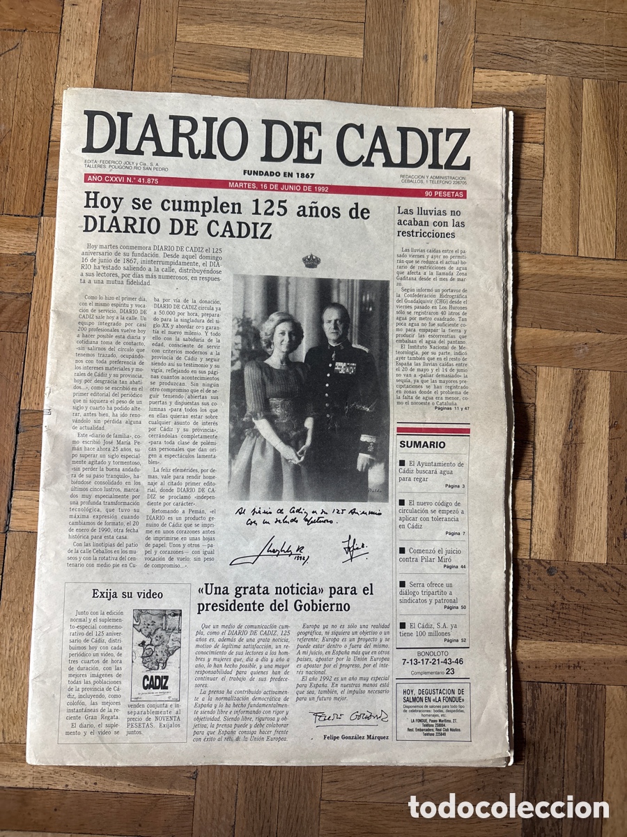 Coleccionismo de revistas y peri&oacute;dicos: PERIODICO DIARIO DE CADIZ - 125 ANIVERSARIO - 16 junio 1992 ASM