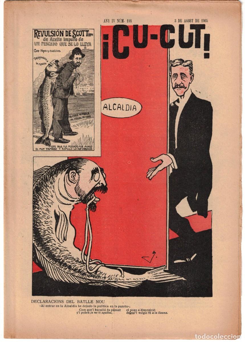 Coleccionismo de revistas y peri&oacute;dicos: &iexcl; CU-CUT ! - Setmanari sat&iacute;ric - n&ordm; 188 - 3 de agost 1905 en Catalan - Opisso, Cornet con vi&ntilde;eta