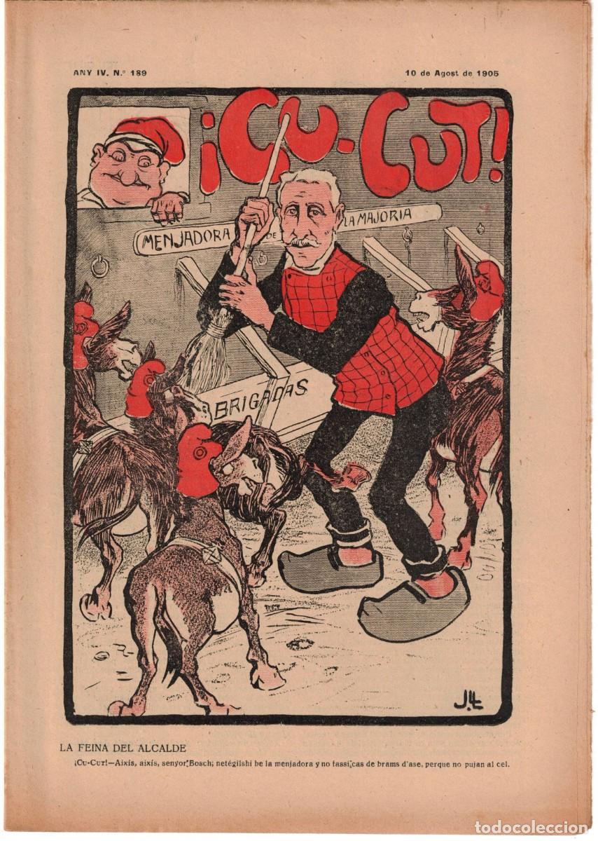 Coleccionismo de revistas y peri&oacute;dicos: &iexcl; CU-CUT ! - Setmanari sat&iacute;ric - n&ordm; 189 - 10 de agost 1905 en Catalan - Opisso, Cornet con vi&ntilde;eta