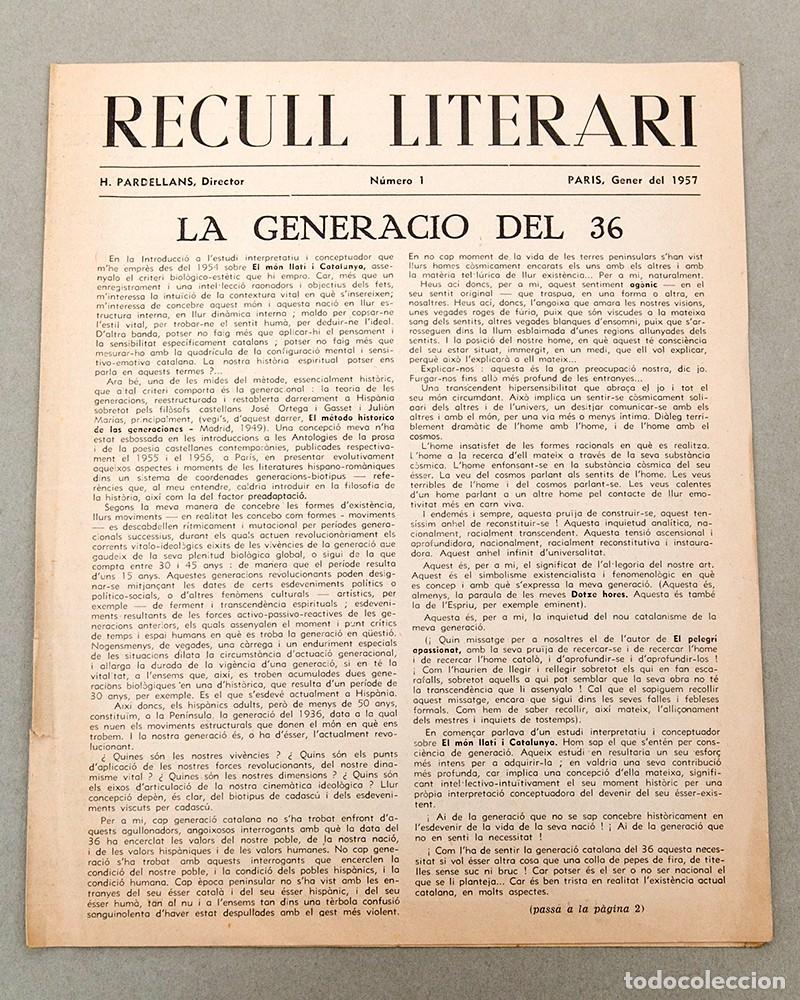 Coleccionismo de revistas y peri&oacute;dicos: Recull literari - num. 1 - Par&iacute;s - Gener 1957 - Exili