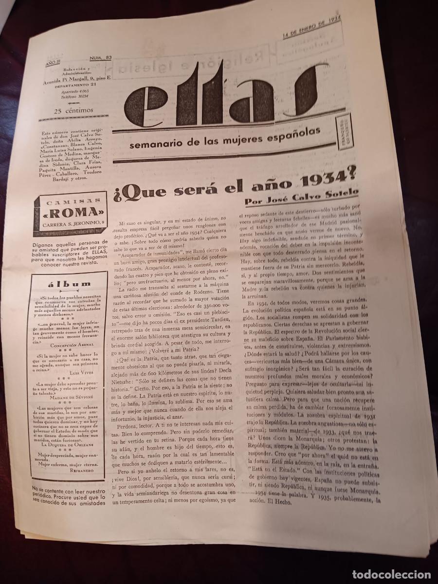 Coleccionismo de revistas y peri&oacute;dicos: ELLAS. SEMANARIO DE LAS MUJERES ESPA&Ntilde;OLAS. N&ordm; 83. ENERO 1934. PEM&Aacute;N. CALVO SOTELO