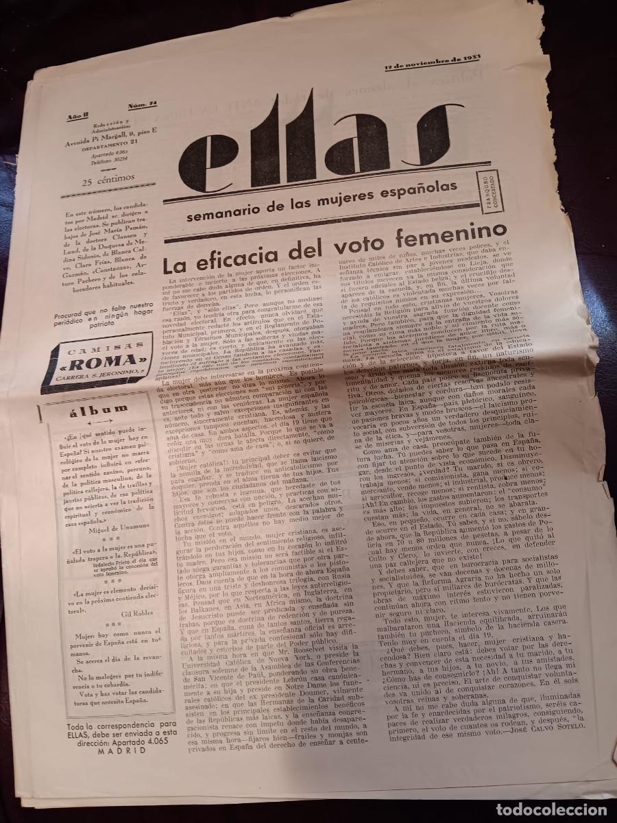Coleccionismo de revistas y peri&oacute;dicos: ELLAS. SEMANARIO DE LAS MUJERES ESPA&Ntilde;OLAS. N&ordm; 74. DICIEMBRE 1933. PEM&Aacute;N. EL VOTO FEMENINO